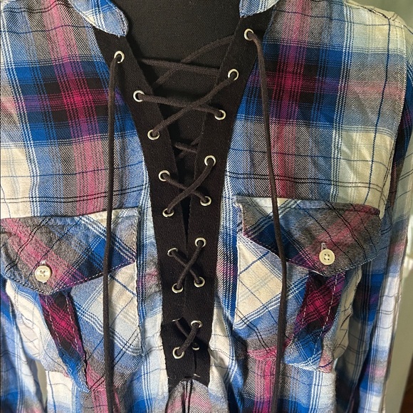 Express Blue Plaid Lace-Up Shirt - Picture 4 of 6